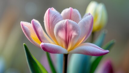 Naklejka premium Close-up of a pink and white tulip with sunlight; nature's beauty