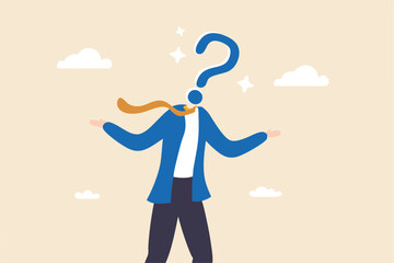Anonymous businessman person, candidate or mention employee, who is this man, uncertainty, important person or unknown concept, anonymous businessman with question mark head unknown person.