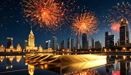 China National day product display podium background Golden Fireworks Celebration, polished gold, city square, towering skyscrapers, historical landmarks, red and gold fireworks, powerful, festive set