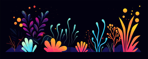 Vibrant underwater scene with colorful abstract plants on dark background, vector