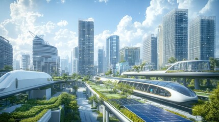 Fototapeta premium A sleek smart city with integrated green spaces, sustainable urban planning, solar panels, and smart technology regulating energy consumption, all visible in a vibrant daytime scene.