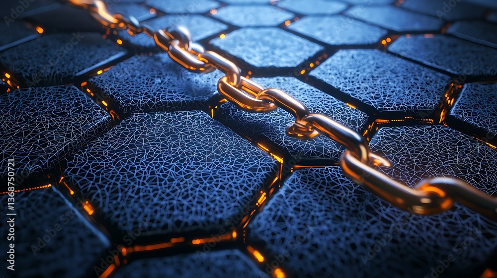 Poster golden chain traversing a dark hexagonal grid