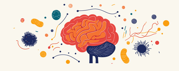 Colorful brain and virus cells vector art with abstract scientific elements