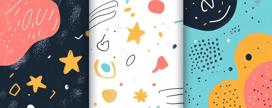 Fun colorful seamless pattern collection. Creative minimalist style art background for children or trendy design with bright basic shapes. Simple and playful childish doodle backdrop