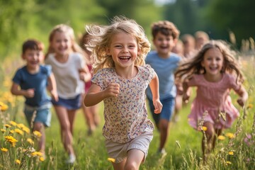 Fototapeta premium A group of happy children of boys and girls run in the Park on the grass on a Sunny summer day . The concept of ethnic friendship, peace, kindness