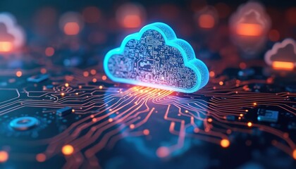 Abstract tech art shows cloud computing concept. Digital cloud shape, circuit board, network connection, data transfer, innovation, modern infrastructure. Cloud migration, digital transformation for