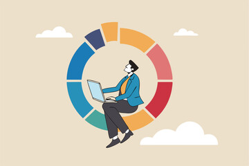 Investment pie chart asset allocation for diversification, financial percentage distribution, budget or marketing analysis chart diagram concept, businessman working with computer laptop on pie chart.