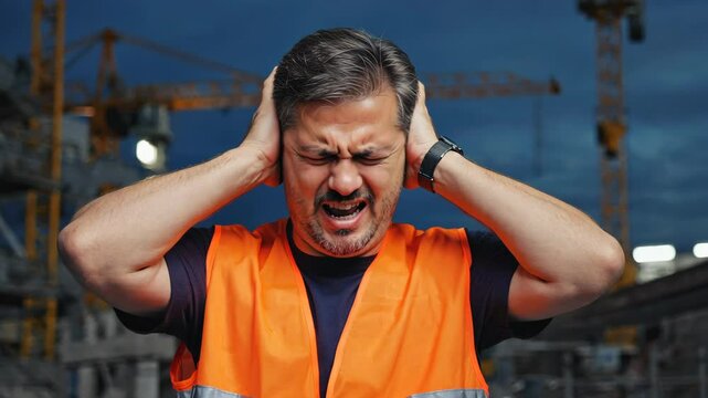 Man at construction site covering ears in distress due to loud noise, illustrating sound sensitivity, workplace challenges and invisible disability under high-stress conditions