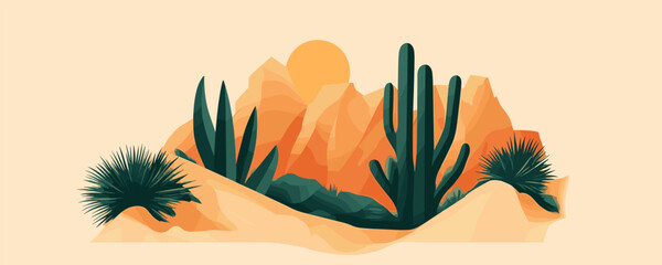Desert landscape with cactus and mountains in warm tones - vector