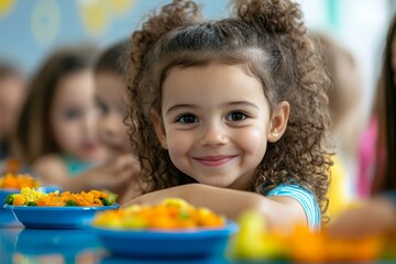 Group of children eating healthy food in day care centre