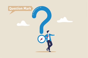 Open ended question, asking questions to encourage new idea, guidance for solution or solving problem, decision to reply or answer concept, businessman with question mark compass guidance for answer.