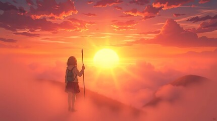 Obraz premium Girl on mountaintop, sunset, clouds, spear