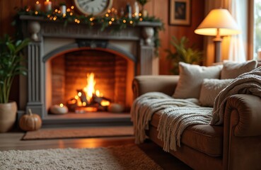 Fototapeta premium Cozy living room with warm fireplace, brown leather sofa, soft blanket. Home interior with hearth, lounge, snug, intimate, inviting atmosphere. Comfortable cushions, rug, lamp, peaceful atmosphere.