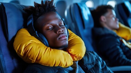Fototapeta premium A man with a yellow pillow on his head is sleeping on a plane