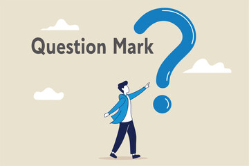 Obraz premium Open ended question, asking questions to encourage new idea, guidance for solution or solving problem, decision to reply or answer concept, businessman with question mark compass guidance for answer.