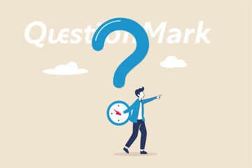 Open ended question, asking questions to encourage new idea, guidance for solution or solving problem, decision to reply or answer concept, businessman with question mark compass guidance for answer.