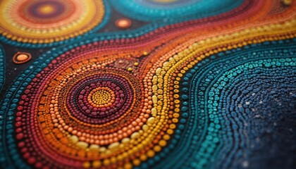 Vibrant aboriginal dot art. Australian indigenous folk ethnic design hand painted on cloth. Colorful ornament pattern with geometric tribal motif. Cultural heritage artwork. Close-up shot.