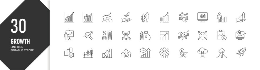 Growth and business development icons, financial success, economy rise, editable stroke, line icon set
