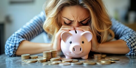 Emotional woman with piggy bank surrounded by coins reflects financial struggles during the afternoon