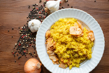 Indian Chicken Biryani Spices on white Plate