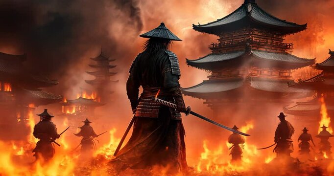 Feudal Fury: An epic scene unfolds as samurai warriors stand amidst a blazing inferno, swords drawn in defiance before traditional buildings.