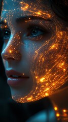 Ethereal visage illuminated with cosmic patterns in a dark background at twilight