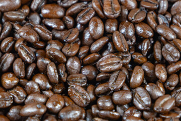 Close-up of roasted coffee beans with rich texture