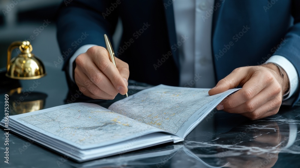 Poster a man in a suit is writing in a notebook