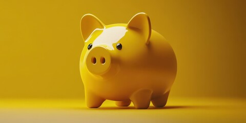 Bright yellow ceramic piggy bank sits against a solid color background, capturing the essence of savings and financial goals