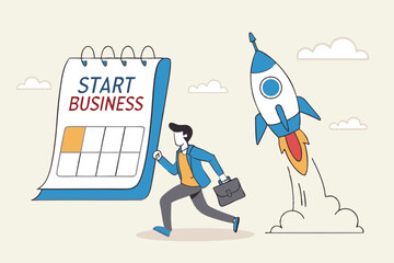 Start new business, quit full time job, startup launch company or product, begin innovative project, entrepreneur start small company concept, businessman launch rocket with calendar start date.