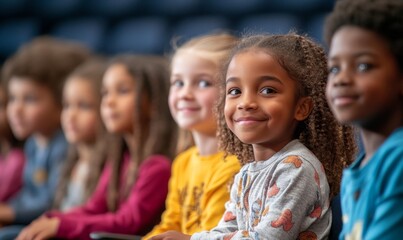 Group of elementary school students sitting in an auditorium during an assembly