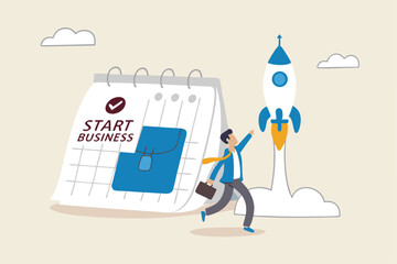 Start new business, quit full time job, startup launch company or product, begin innovative project, entrepreneur start small company concept, businessman launch rocket with calendar start date.