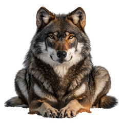 Fototapeta premium Lifelike Portrait of a Stoic Grey Wolf in a Serene Pose, Transparent Background