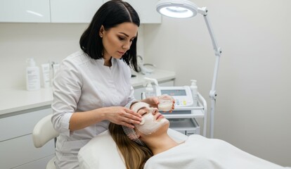 Latina esthetician applying facial treatment to Caucasian woman in beauty salon. Concepts include self-care, wellness.