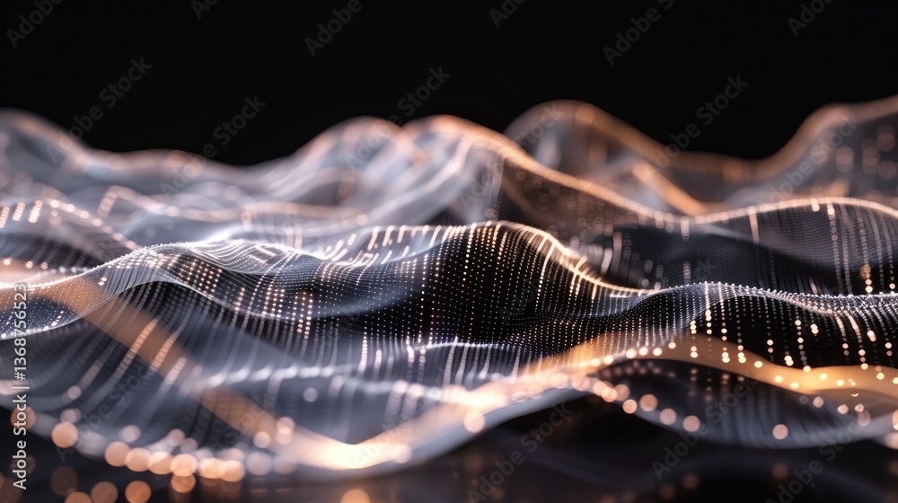 Poster captivating abstract 3d render featuring flowing waves and intricate patterns on a black background,