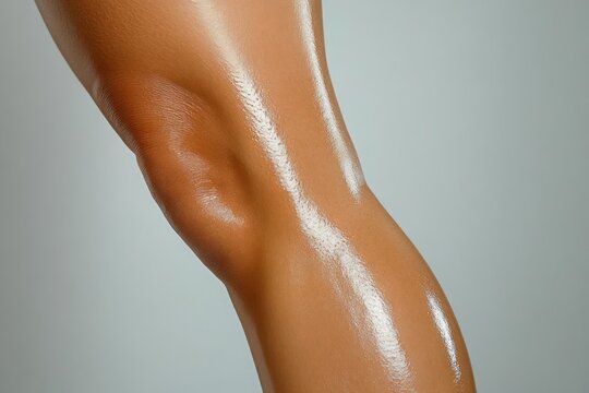 Close-up of a woman's oiled leg, showcasing the knee and surrounding skin. The skin is smooth and tanned with a glossy sheen from the oil. The background is a neutral gray