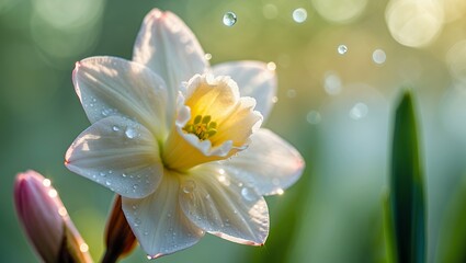 Fototapeta premium Close-up of a white daffodil with water droplets, sunlight, and green bokeh