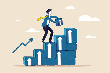 Business growth, career improvement or investment earning profit, personal development, growing business or leadership effort concept, businessman carry box with arrow to stack as stair to success.