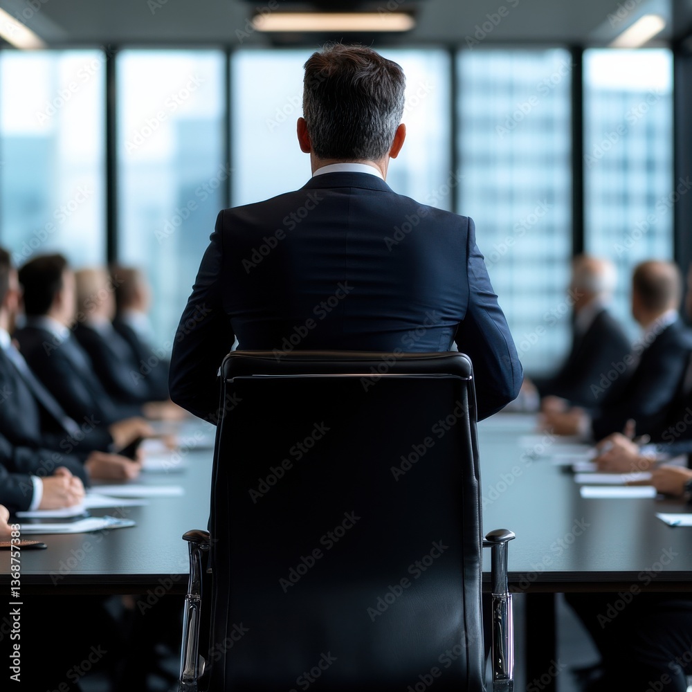 Aufkleber a man in a suit sits in a black chair at a conference table