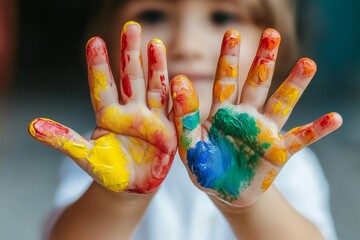 Close-up of child hand painting colorful mosaic. The child is drawing his palms on white sheets with finger paints