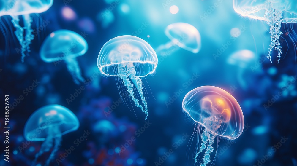 Poster a surreal underwater kingdom with floating jellyfish illuminating the deep