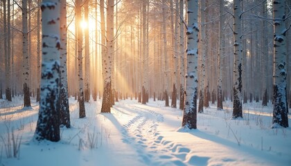 Sunlit snowy birch forest. Winter landscape with white birch trees, snow covered ground. Golden sunlight creates shadows on white snow, tranquil nature scene.