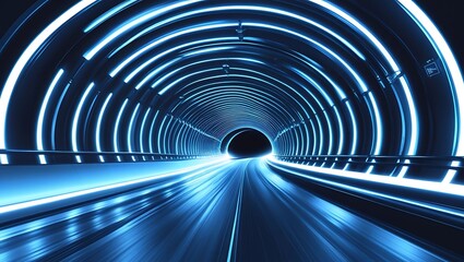 Fototapeta premium Futuristic High-Speed Tunnel with Blue Neon Lights, Sleek Metallic Design, Motion Blur Effect, Curved Structure, Sci-Fi Cyberpunk Aesthetic, Bright Glowing Light at the End, Dynamic Perspective