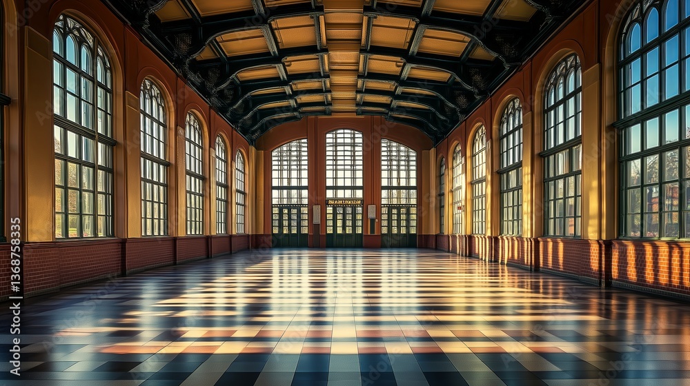 Poster a train station where everything is symmetrical and perfectly aligned
