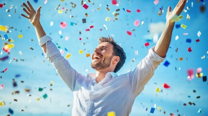 A joyful man revels in a moment of success and celebration, surrounded by vibrant confetti against a bright blue sky, reflecting pure happiness and carefree joy.