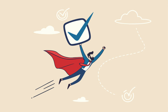 Checklist or checkbox to complete work, check mark or accomplishment, tick to do list or task management, report or vote approval concept, businessman superhero flying with checkmark completion.