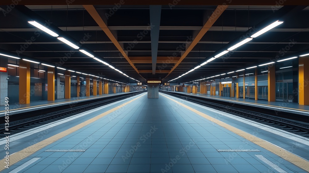 Poster a train station where everything is symmetrical and perfectly aligned