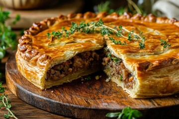 A partially sliced savory meat pie with a golden brown, flaky puff pastry crust sits on a rustic wooden board. A sprig of thyme rests on top