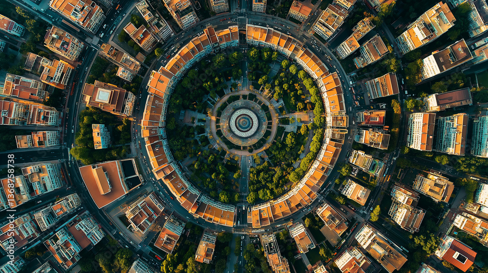 Poster an aerial view of an entire city shaped like a giant mandala.