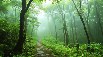 A peaceful misty forest filled with tall pine trees and soft green moss on the ground.

